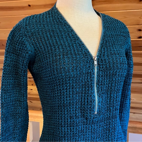 Guess Women's Teal Half Zip V-Neck Open Knit Long Sleeve Pullover Sweater Size S - Picture 2 of 6